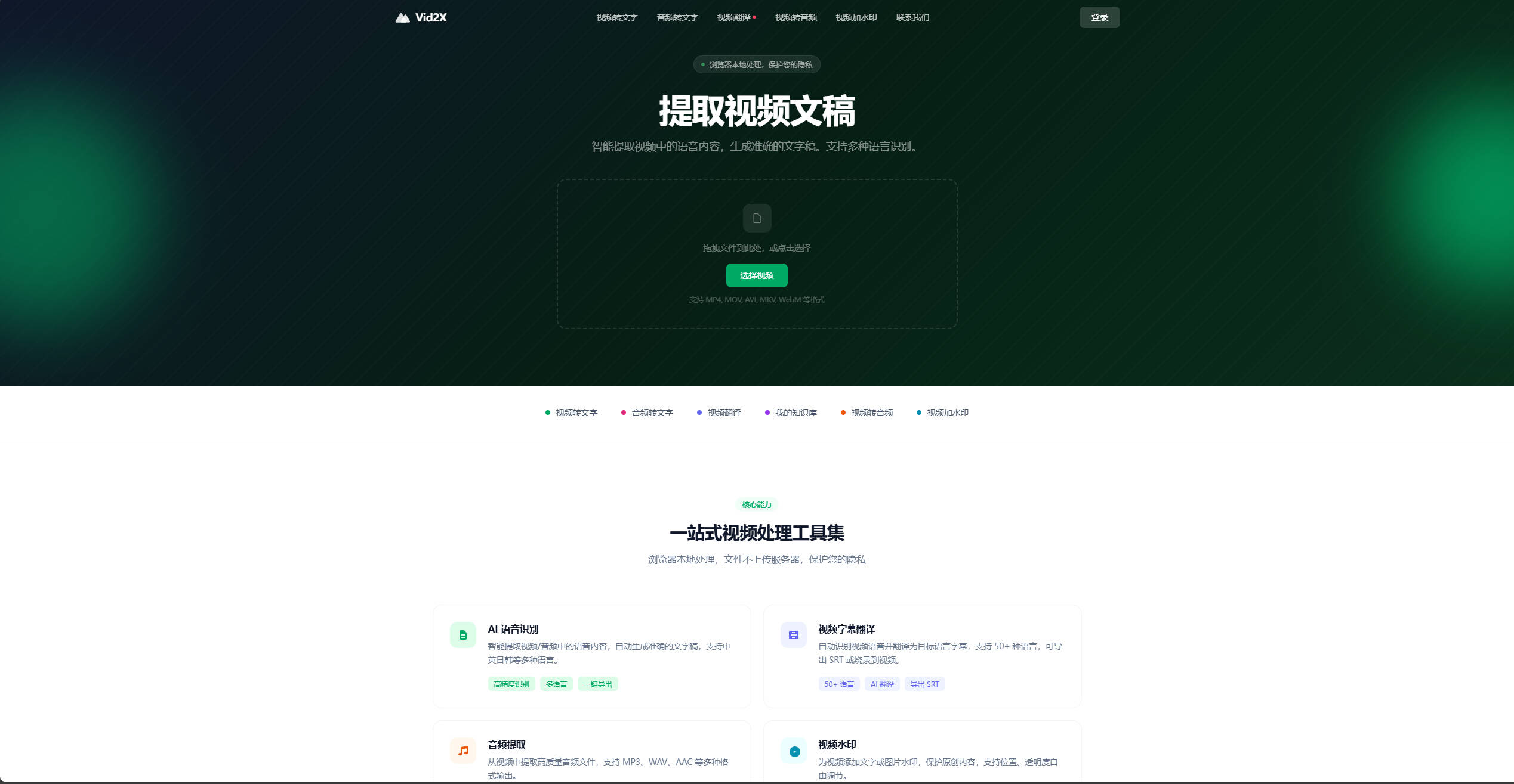 【网站】Vid2X - 在线视频工具箱 | AI语音识别、音频提取、水印添加